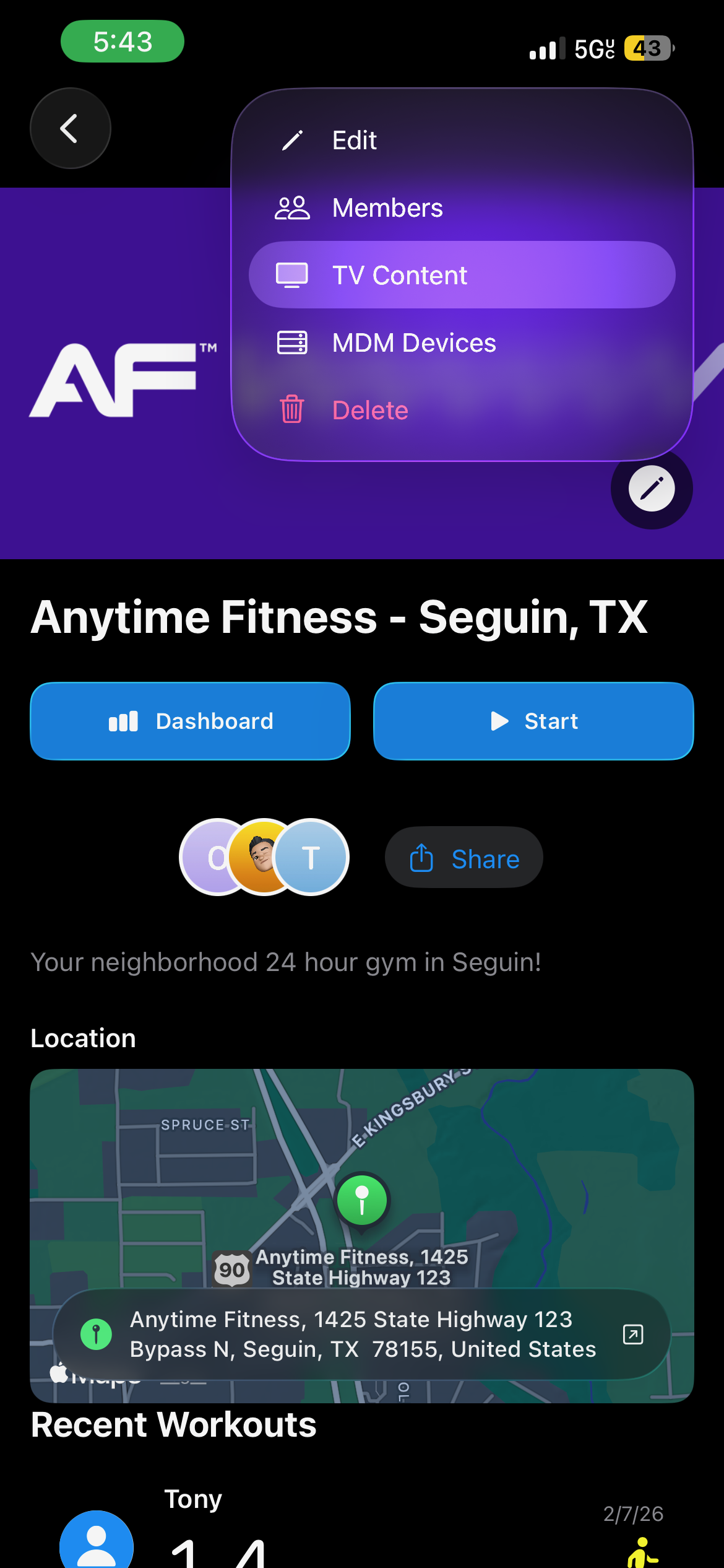 Group page showing TV Content option in the edit menu